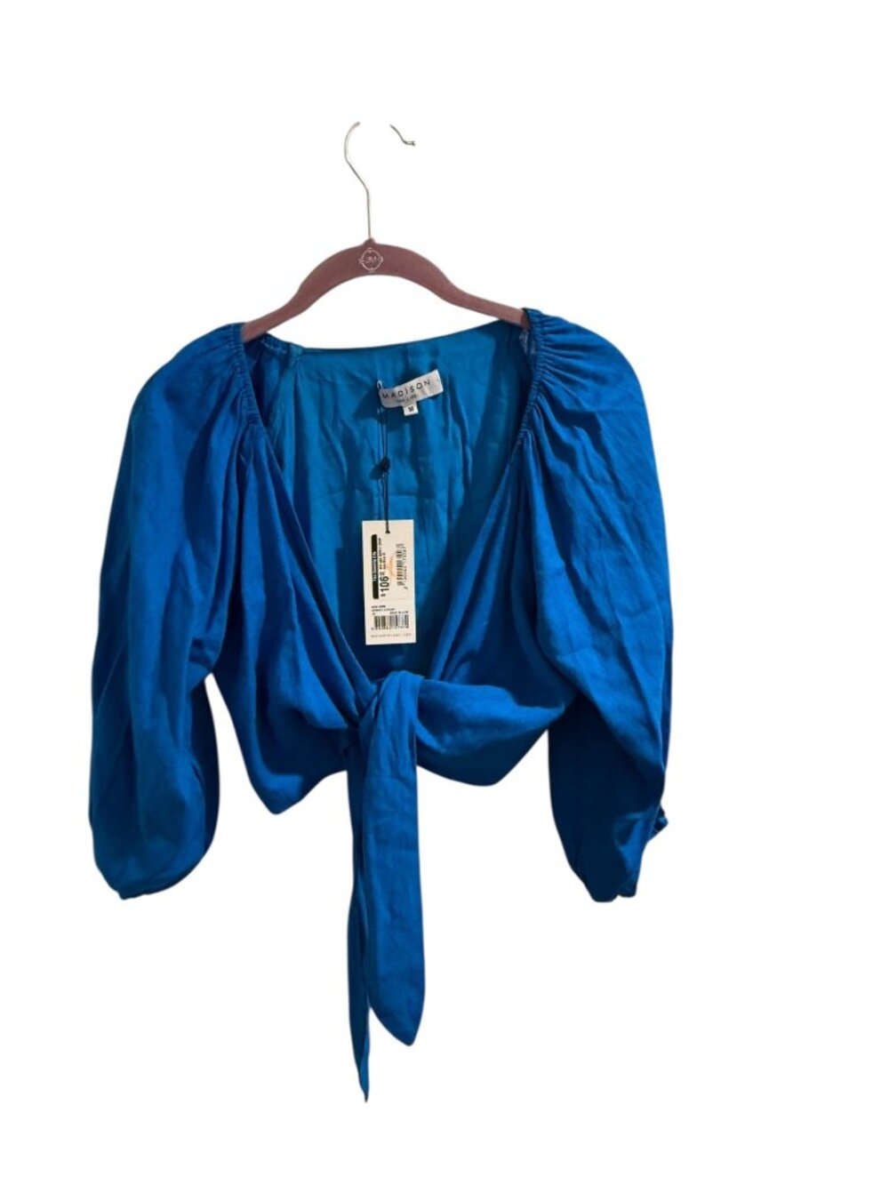 New Madison The Label Blue Tie-Front Crop Top With Puff Sleeves Size M